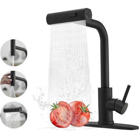 Robinet de cuisine noir avec douchette extractible, robinet d'évier de cuisine cascade, robinet de cuisine commercial en acier inoxydable, robinet d'évier de cuisine à poignée unique (1/5)