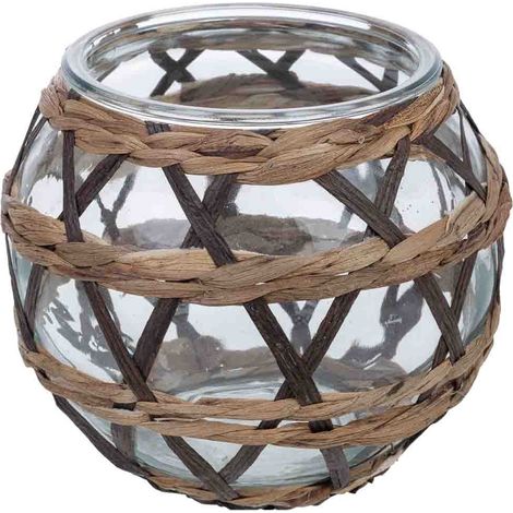 Portavelas de vidrio forrado de fibras naturales marrón D15.5x11.5h cm (1/5)