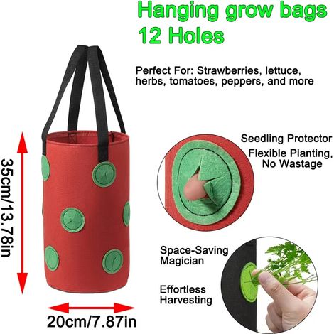 (Tissu rouge 12 trous, 1 pièce) Sacs de culture suspendus pour fraises et tomates - Jardin vertical - Pot de culture pour fraisiers - Tour aéroponique (1/4)