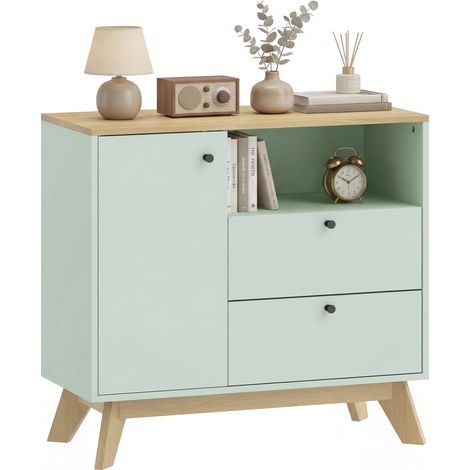 Wohnzimmer-Sideboard aus Eiche und hellgrün, Aufbewahrungsmöbel mit Tür, 2 Schubladen, offenem Fach und verstellbarem Einlegeboden, ideal für Wohnzimmer, Aufenthaltsraum oder Eingangsbereich.