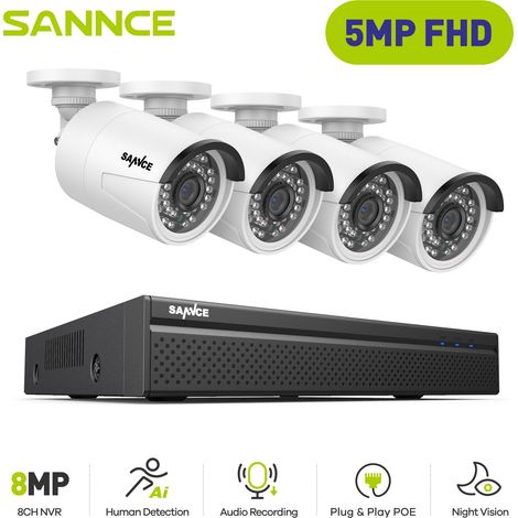 SANNCE 5MP Kit de Vidéosurveillance Exterieure 4×IP Caméras Smart IR Vision Nocturne H.265+ PoE Système de Caméra de Sécurité (1/5)