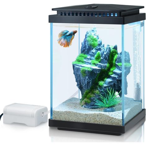 Kit Aquarium en Verre 4L, Réservoir Betta, De Démarrage pour Mini Aquarium, avec Pompe à Air, LumièRe LED, Filtration, Décoration, Changeur d'eau (Noir) (1/5)