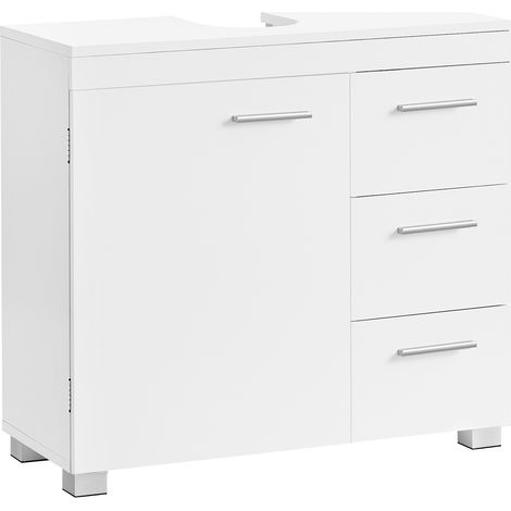 Vasagle – Meuble sous vasque simple 70 x 30 x 64 cm – 3 tiroirs – 2 compartiments – Panneau de particules blanc – Réglable en hauteur (1/5)