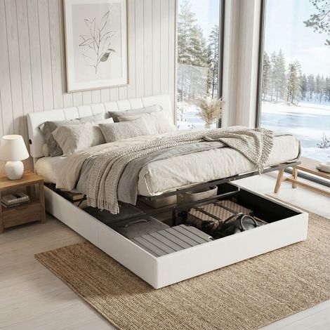 Letto contenitore 160x200, letto matrimoniale imbottito con porte USB/Type-C, letto per adulti con testiera regolabile, struttura in legno e metallo rivestita, velluto, design moderno, Bianco