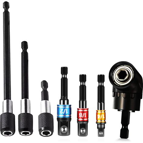Set 7 outils angle 105° pour visseuse Foret angle droit 1/4" 3 rallonges porte-embouts Embouts tournevis douille carrée Noir Mécanique et bricolage (1/5)