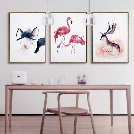 Affiche sur toile imprimée représentant des chats, des flamants roses et des élans, style aquarelle simple et tendance, idéale pour décorer le salon, la chambre, le bureau et la chambre d'enfant. (1/5)