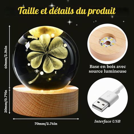 Boule de cristal de 60 mm - Trèfle à quatre feuilles - Porte-bonheur - Lampe de nuit en verre avec socle en bois - Petit cadeau pour enfants, amis, couple, anniversaire (1/5)