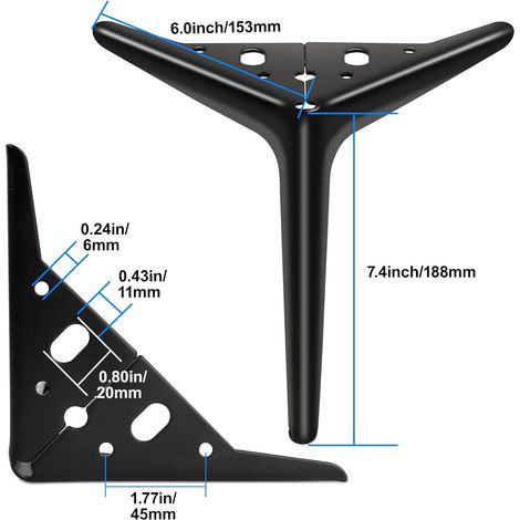 Lot de 4 - Pieds De Meubles Avec Vis - 18 cm Pieds De Table En Métal Charge jusqu'À 300 kg - Pieds De Meubles De Rechange Triangulaires - Noir (1/5)