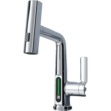 Robinet de cuisine avec affichage LED numérique, rotation à 360°, tuyau extensible de 60 cm, mélangeur eau chaude et froide, 3 modes de pulvérisation (lame/jet/cascade), Chrome (1/2)