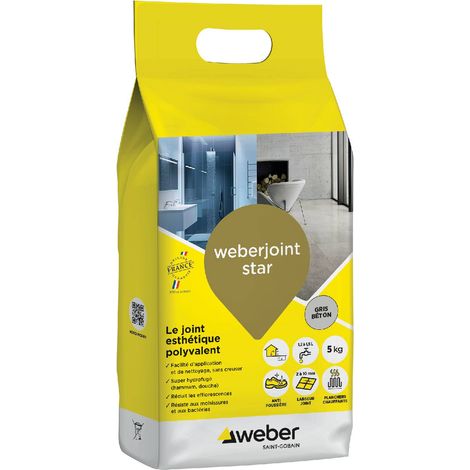 Weber Saint-Gobain Joint carrelage hydrofugé décoratif, Gris Béton, 5 kg,  spécial intérieur et extérieur,Mortier, largeur 2 à 10mm, WEBERJOINT STAR