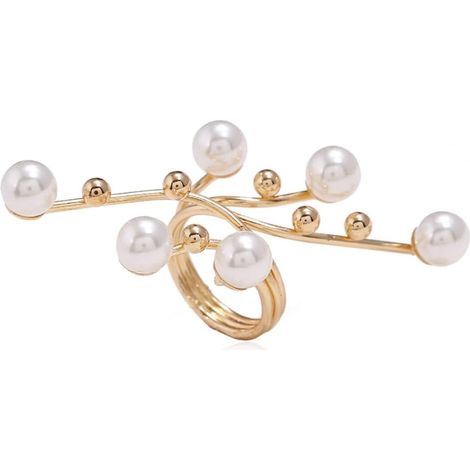 Bague imposante ornée d'une perle délicate, bijou massif ajustable, bague empilable ouverte. (1/4)