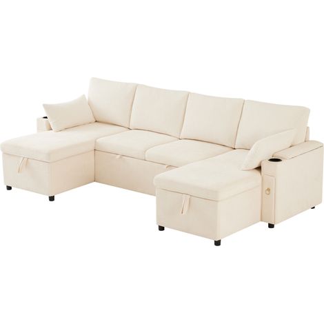 Canapé convertible 4 places en U avec rangement, porte-gobelets et coussins, beige (1/5)