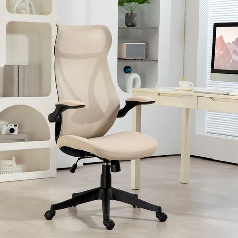 Fauteuil de bureau ergonomique avec accoudoirs rabattables, appui-tête, hauteur réglable et fonction bascule, 66 x 66 x 121 cm, beige