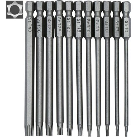 Set of 11 long Torx bits for screwdrivers and electric screwdrivers – Magnetic bits – 1/4-inch hexagon shank – Sizes T6 to T40 – Length 100 mm