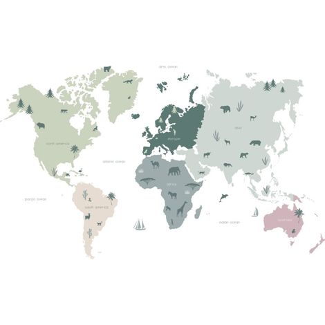 papier peint panoramique carte du monde pour enfants vert menthe, gris et rose - ESTAhome (1/5)