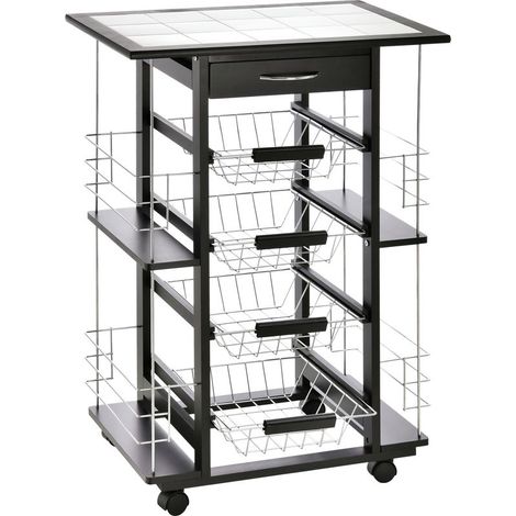 Chariot de service desserte de cuisine à roulettes multi-rangements 4 paniers métal tiroir + 4 range-bouteilles bois pin noir plateau carrelé blanc (1/5)
