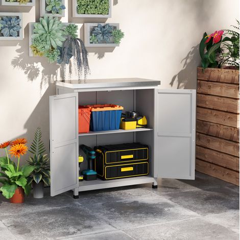 Armoire de jardin extérieure avec plan de travail galvanisé, double porte, étagère intérieure, bois peint gris, 79 x 43 x 92 cm, pour terrasse et outils – CHICFURN (1/5)