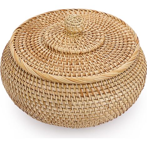 Aufbewahrungskorb aus Rattan mit Deckel, dekorative Box, Organizer für Regal, Haushalt, Küche (22x13cm)