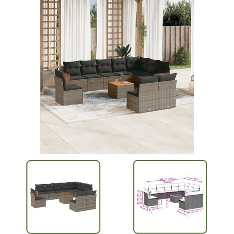 The Living Store 11-tlg. Garten-Sofagarnitur mit Kissen Grau Poly Rattan - Gartenmöbel - Esstisch - Lounge Set - Outdoor Möbel - Rattan Gartenmöbel (1/3)