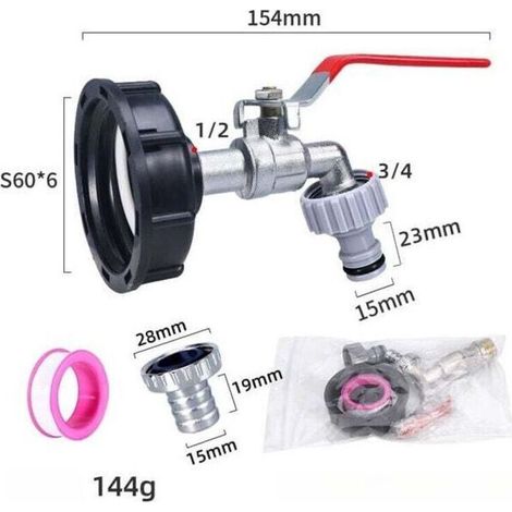 Robinet Cuve - S60X6 - Pour Conteneur IBC 1000 L - Adaptateur Tuyau Arrosage 1/2 Pouces - Raccord Jardin Récupération Eau de Pluie (1/4)