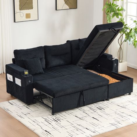 Divano letto 212.5x136x86 cm nero in velluto a coste con chaise longue contenitore, USB-C e portabicchieri (1/5)