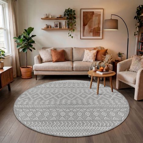 Paco Home Outdoor Teppich Flachgewebe modern Boho Ethno wetterfest Außenbereich Grau 3, 80 cm Rund