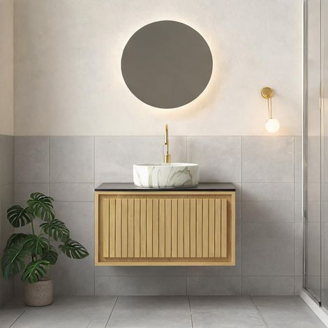 Vasque suspendue ronde en céramique avec meuble en chêne (1/5)