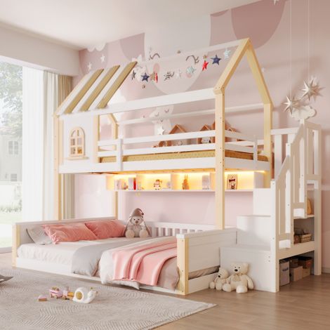 Lit superposé 90x200cm+140x200cm avec LED - échelle de rangement - compartiments de rangement - blanc + naturel (sans matelas)