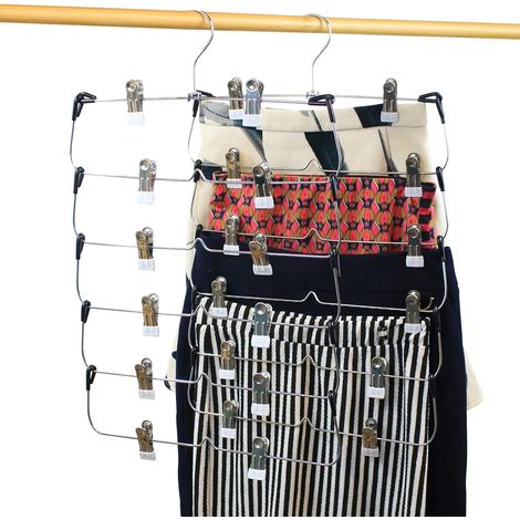 Porte-pantalons à 6 niveaux avec pinces - Métal chromé solide et durable - Gain de place - Cintres multiples avec pince an (1/3)