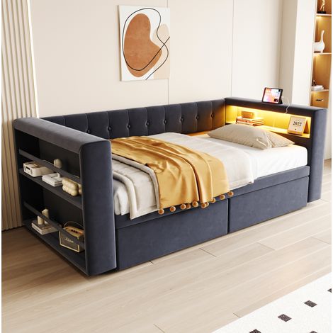 Cama tapizada 90x190 cm gris oscuro, flannelette, con LED y almacenaje (1/4)