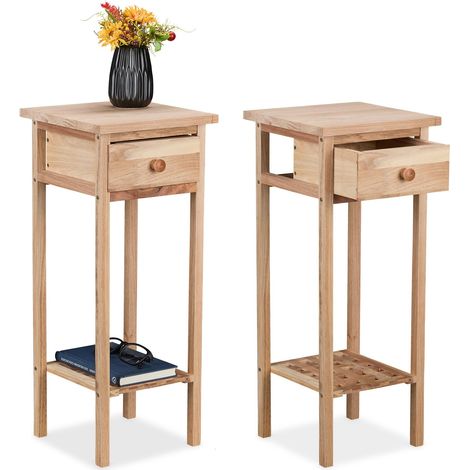 Table de téléphone, 2 pièces, en Bois, H x L x P : 60 x 25 x 25 cm, Meuble d'appoint avec tiroir, Naturel (1/5)