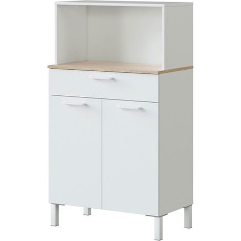 Pegane – Buffet meuble cuisine 2 portes et 1 tiroir blanc artic / chêne canadien – Dimensions 126 x 72 x 40 cm – Armoire de rangement avec étagère