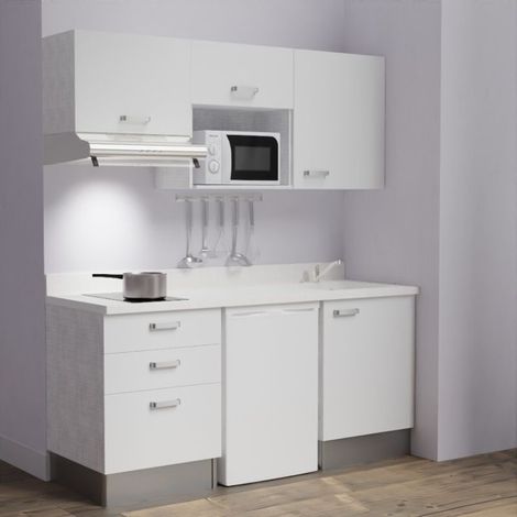 Kitchenette K20L - 180 cm - emplacements frigo, micro-ondes et hotte-Blanc-Snova-évier à droite (1/5)