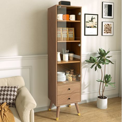 Armario vitrina con puerta de cristal (152.7x47.6x14.61 cm), 3 baldas regulables, 2 cajones, MDF color madera (1/5)