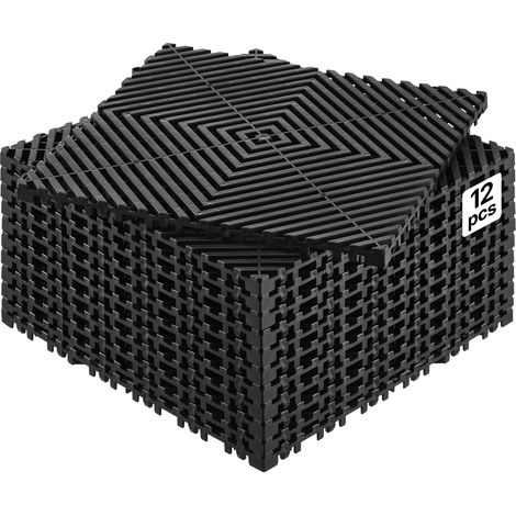 VEVOR Tapis de drainage emboitable, 310x310 mm, dalles de sol de drainage modulaire emboitable, 12 pcs, coussin de sol a episser en PP antiderapant noir, tapis de douche, pour garage, jardin, cuisine