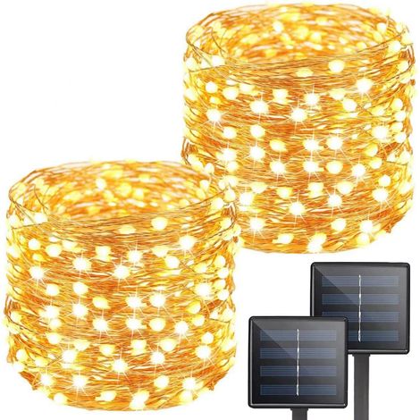 Guirlande Solaire - 100 LED par Guirlande - Fil de Cuivre Étanche IP65 - 8 Modes - Blanc Chaud - 2 Pièces - 65,6 Pieds au Total (1/5)