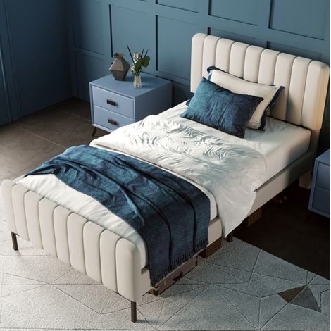Cama tapizada 90/200 cm gris beige de lino con cabecero regulable (1/5)