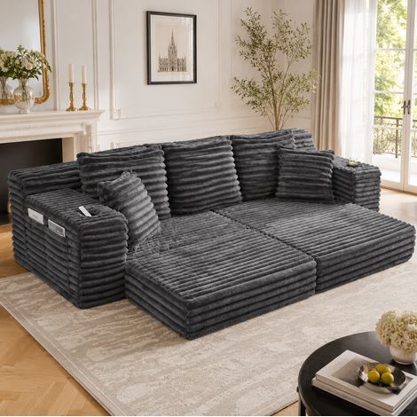 Divano letto 273x98x87 cm grigio scuro in velluto a coste con tasche laterali e portabicchieri (1/5)