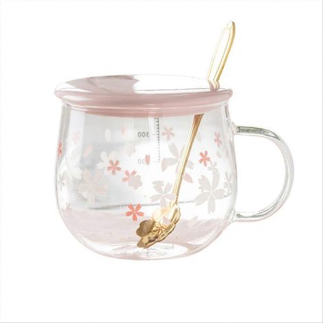 400 ml Glas-Kaffeebecher mit Henkel, Deckel und Löffel, ideal für heiße und kalte Getränke, mikrowellengeeignet, elegant und praktisch, komplettes Set. (1/5)