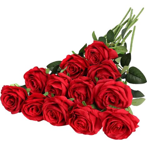 Set di 12 rose artificiali rosse in seta dall'aspetto realistico, con steli lunghi, ideali per bouquet o decorazioni.