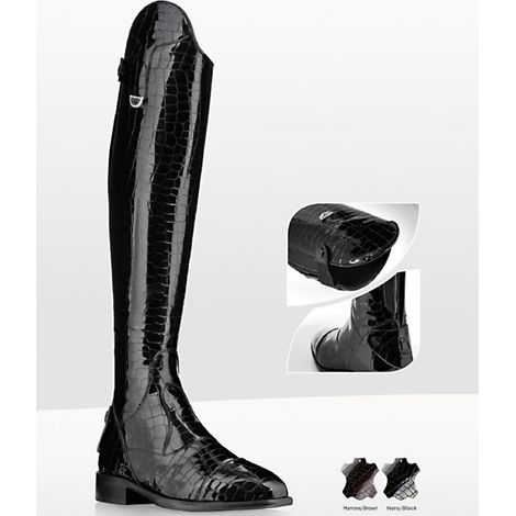 41, Schwarz: Weicher Lederstiefel im Krokodildruck Tiche-Modell, mit Gummizug, Reißverschluss und Spornauflage mit doppelter Position (1/2)