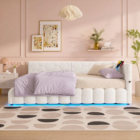 DESMIU Lit banquette 90 × 200 cm 1 place avec rangement hydraulique, LED, USB et type-C, sans matelas, blanc (1/5)