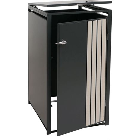 1er-Mülltonnenverkleidung HHG-326, Mülltonnenbox mit Deckel, Metall 122x68x84cm 35kg anthrazit Holzoptik hell