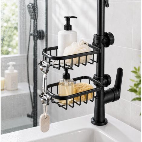 2PCS Porte-Éponge Robinet Salle de Bain Noir, Organisateur de Douche Métal Compatible avec Savon et Accessoires (1/5)