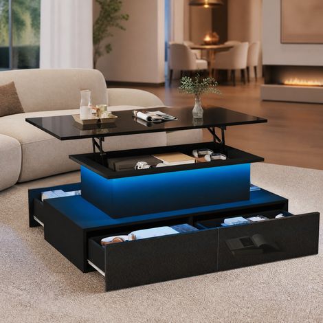 LED-Couchtisch mit Liftplatte, 4 Schubladen, 90 x 55 x 41 cm, schwarz glänzend HAVRYA (1/5)