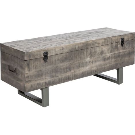 Tavolino basso o panca contenitore MERAX 115 cm grigia in legno massiccio e metallo stile industriale
