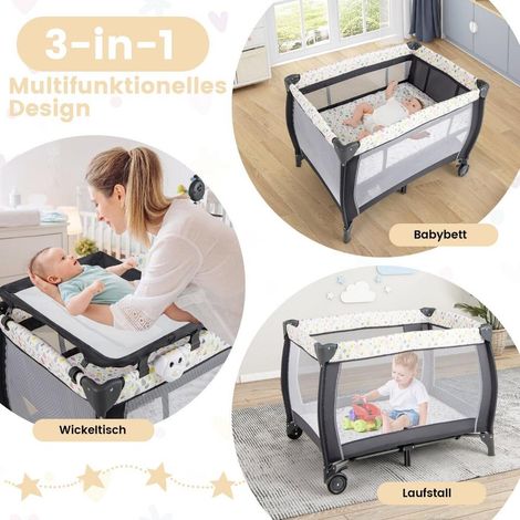 Lit de voyage bébé 3 en 1 avec matelas, table à langer et parc pliable, montage sans outils (1/5)