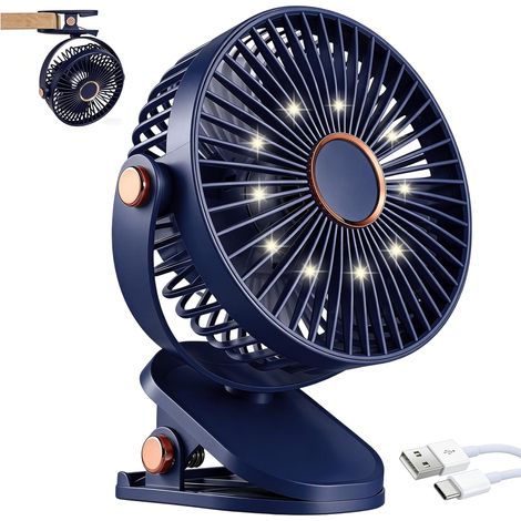 Ventilateur de bureau portable mini 3 en 1 avec pince, 4000 mAh, silencieux et rechargeable avec LED, rotation à 720°, 5 vitesses, idéal pour la maison, le bureau, la chambre et le bureau (1/5)