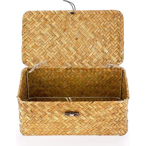 GENERIC-Bacs de rangement en osier tissé avec couvercle - Caramels en jonc de mer naturel (S, 23 x 13 x 9,5 cm) (1/5)