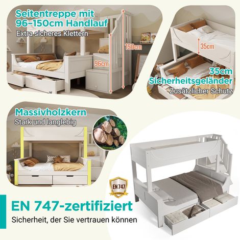 Lit superposé enfant en bois blanc avec échelle, armoire et tiroirs, style traîneau élégant, barrière de sécurité et sommier à lattes inclus, couchage haut 90x200cm, bas 140x200cm, lit double, sans ma (1/5)